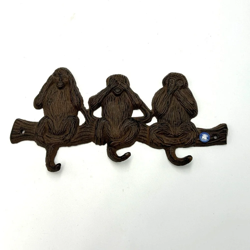 Cast Iron Monkey Hooks Wise Hear See Speak No Evil Coat Hat Key Wall Hanger